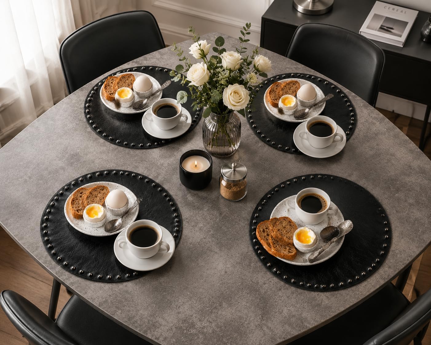 FAVE Black Faux Leather Placemats 13.78 Inches Round Placemat Set of 4 | Heat Resistant Place Mats with Rivets Placemat