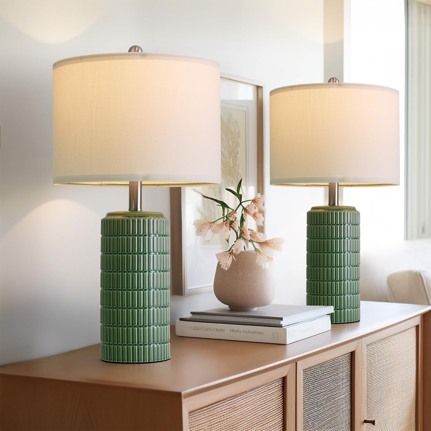PoKat 23" Dark Green Ceramic Table Lamps Set of 2, Modern Table Lamps for Living Room, Farmhouse Lamps for Bedroom