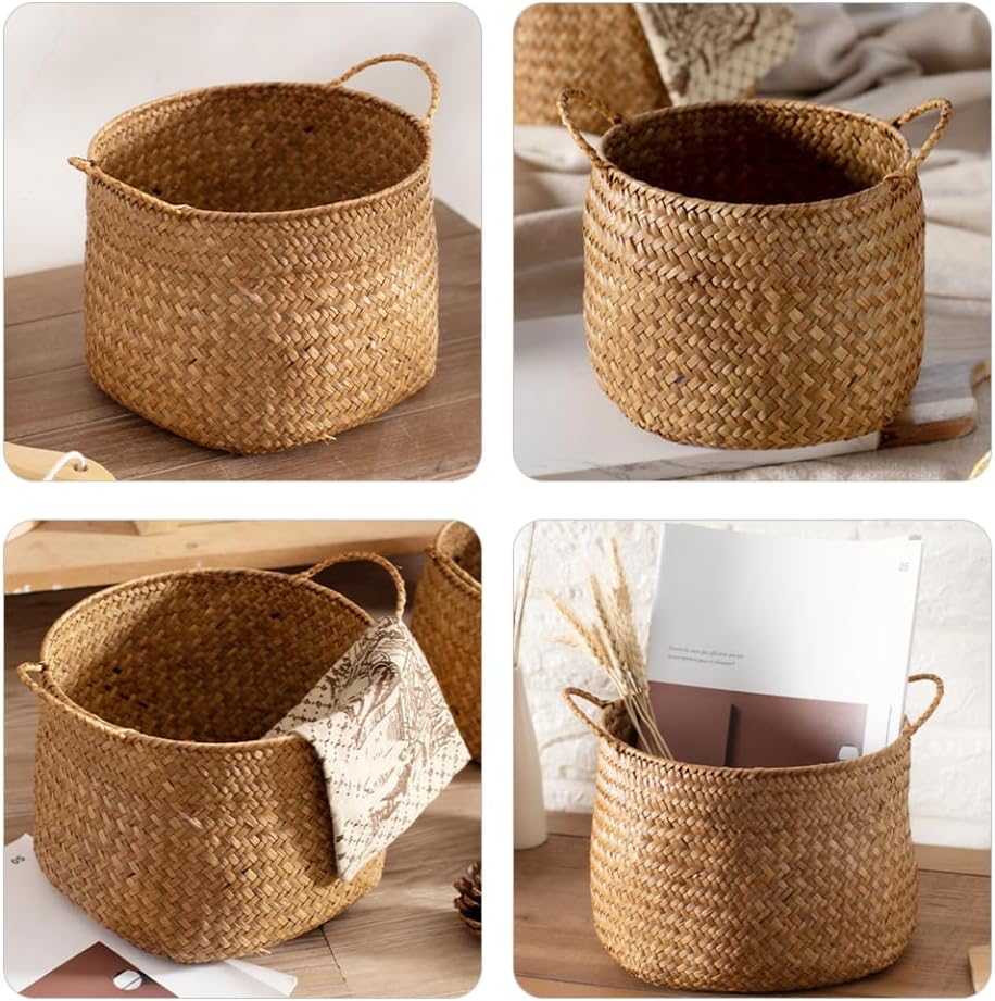 Japanese Style Woven Storage Basket Handles Handcrafted Decorative Organizer for Cosmetics Flower