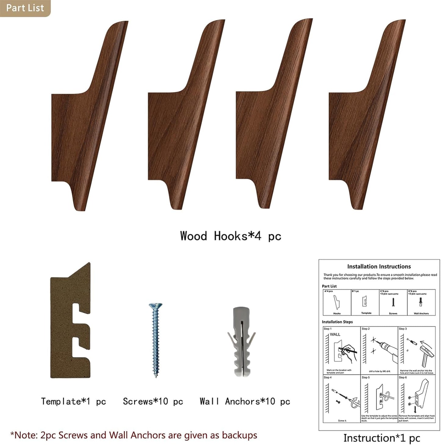 Rustic Coat Hooks / Walnut, Dark / Set of 4