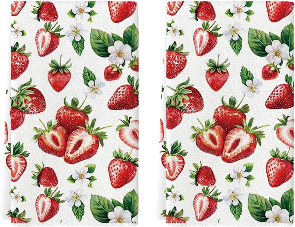 Sratte 6 Pcs Strawberry Kitchen Towels Gnome Summer Hand Towel, 24x16 Inch