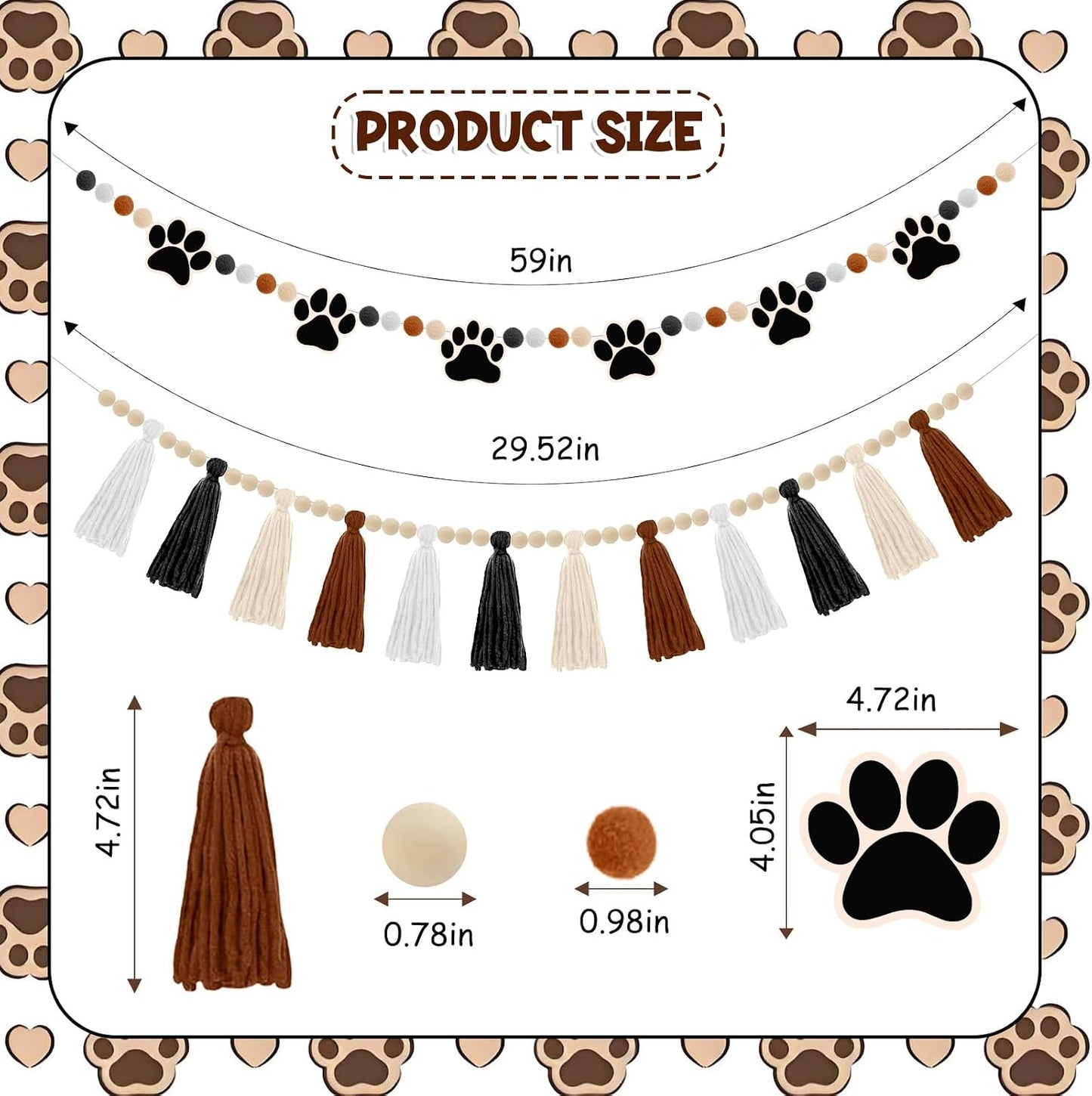 Wood Beads and Pom Pom Felt Balls Garlands / Black and Brown / Set of 2