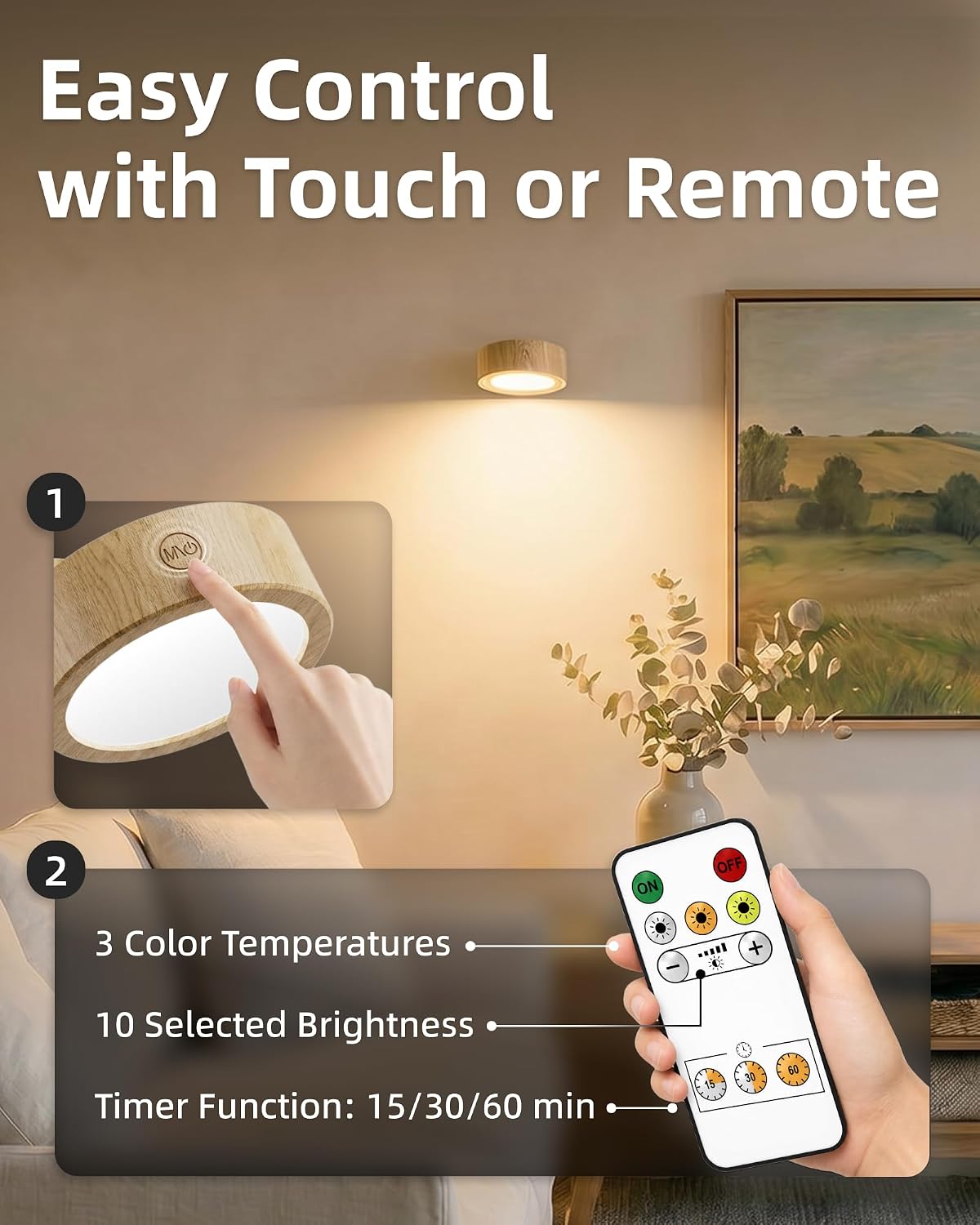 EZVALO LED Wall Mounted Light, 3000mAh Rechargeable Cordless Wall Sconce, Dimmable with Remote & Touch Control, 3 Color