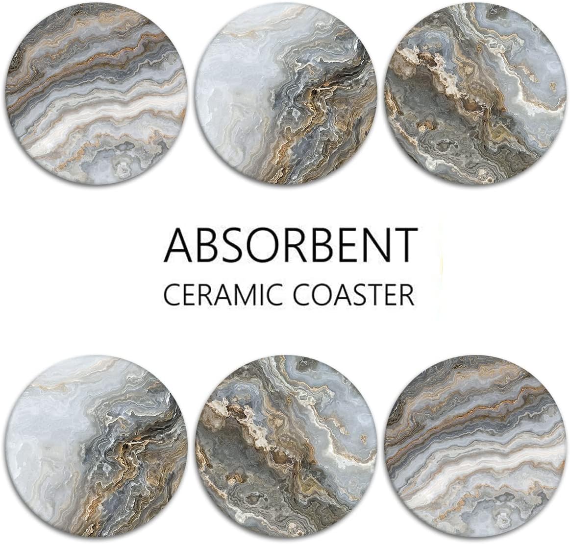 Grey Marble Golden Stone Agate Table Absorbent Round Ceramic Stone Mat / Marble Gray Gold / Set of 6