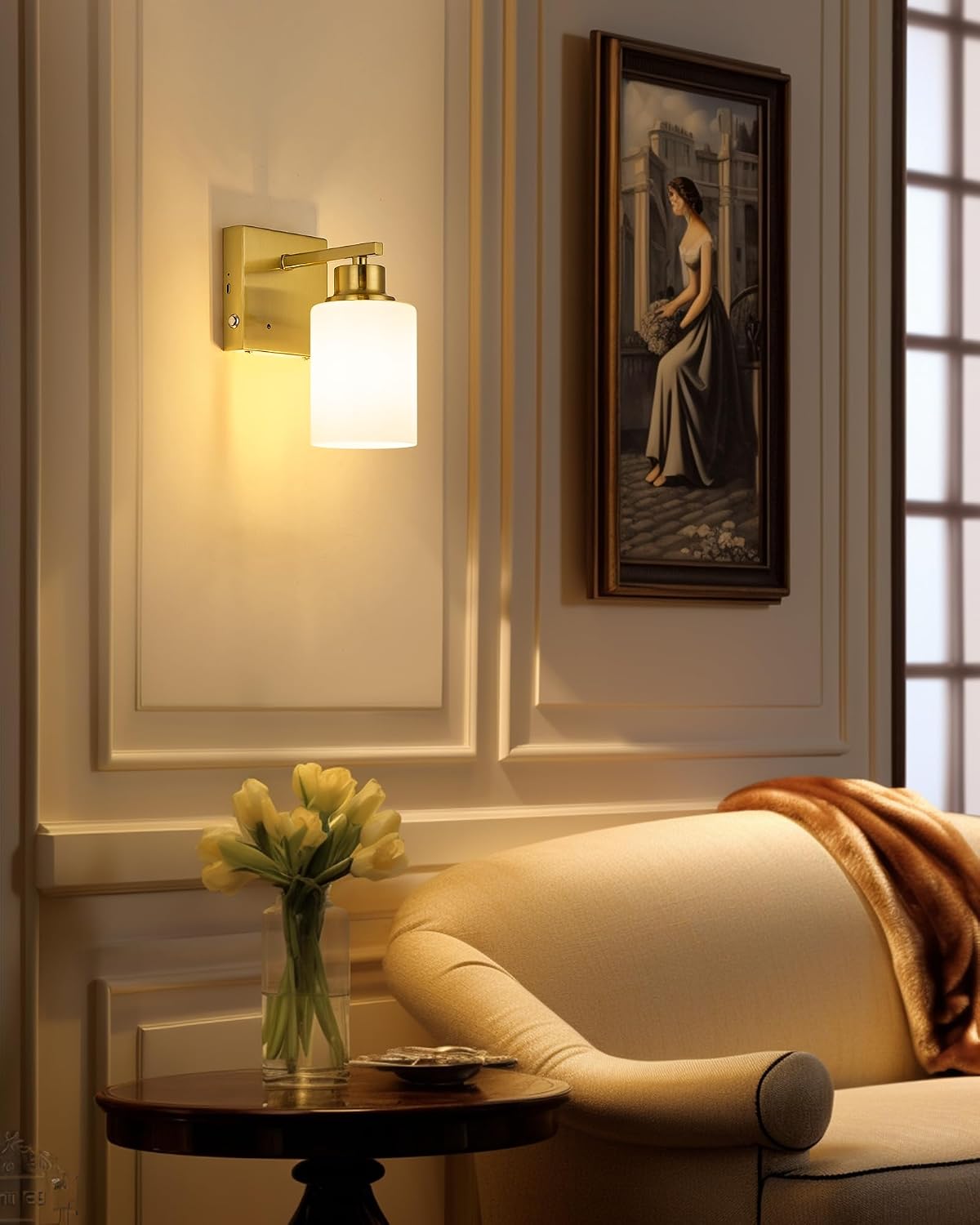 Wireless Battery Operated Wall Sconce Set of Two, Modern, White Glass, Gold | Dimmable, Easy Install Rechargeable Wall