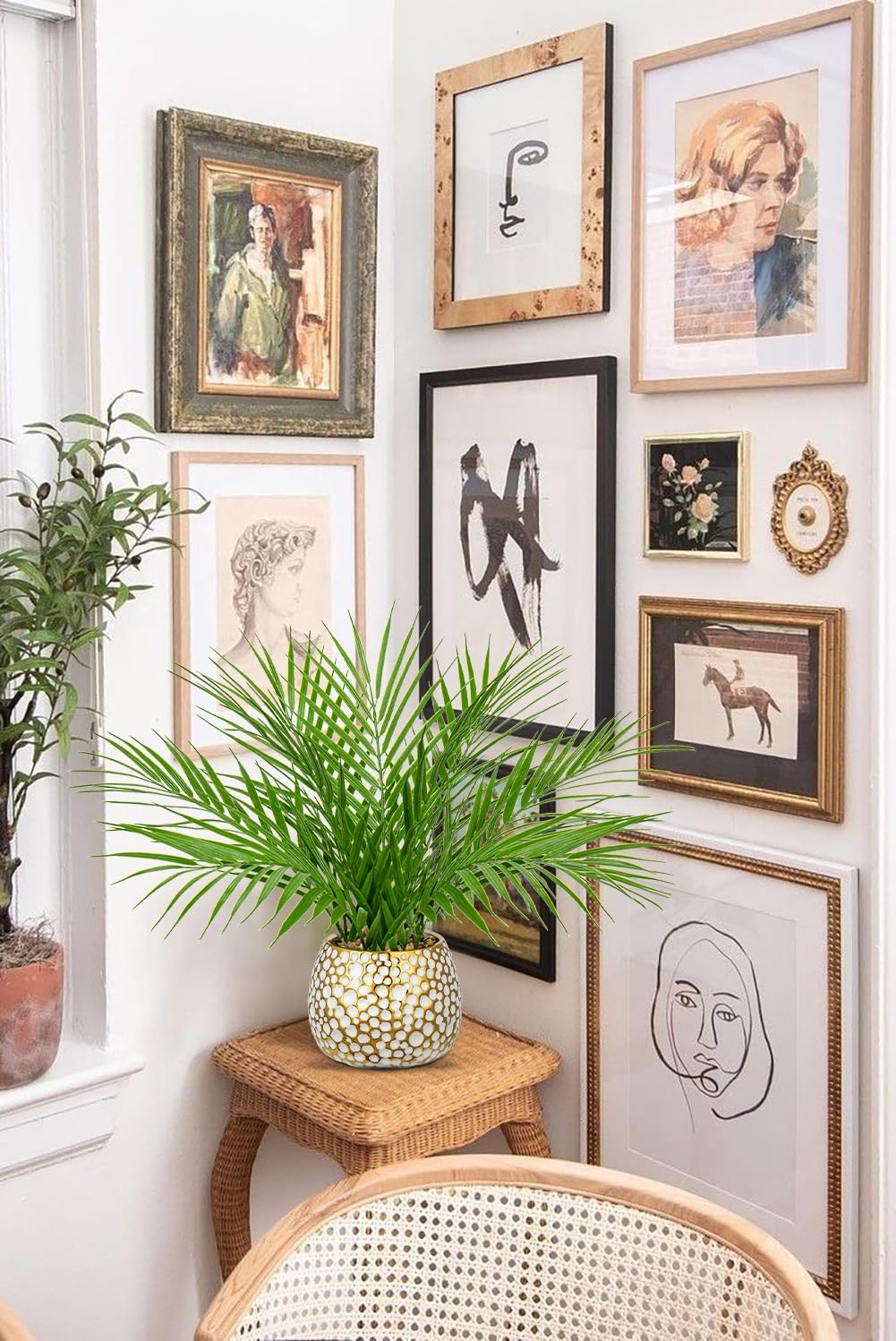 Realistic Tropical Artificial Plants Indoor / 15'' Tall White and Gold