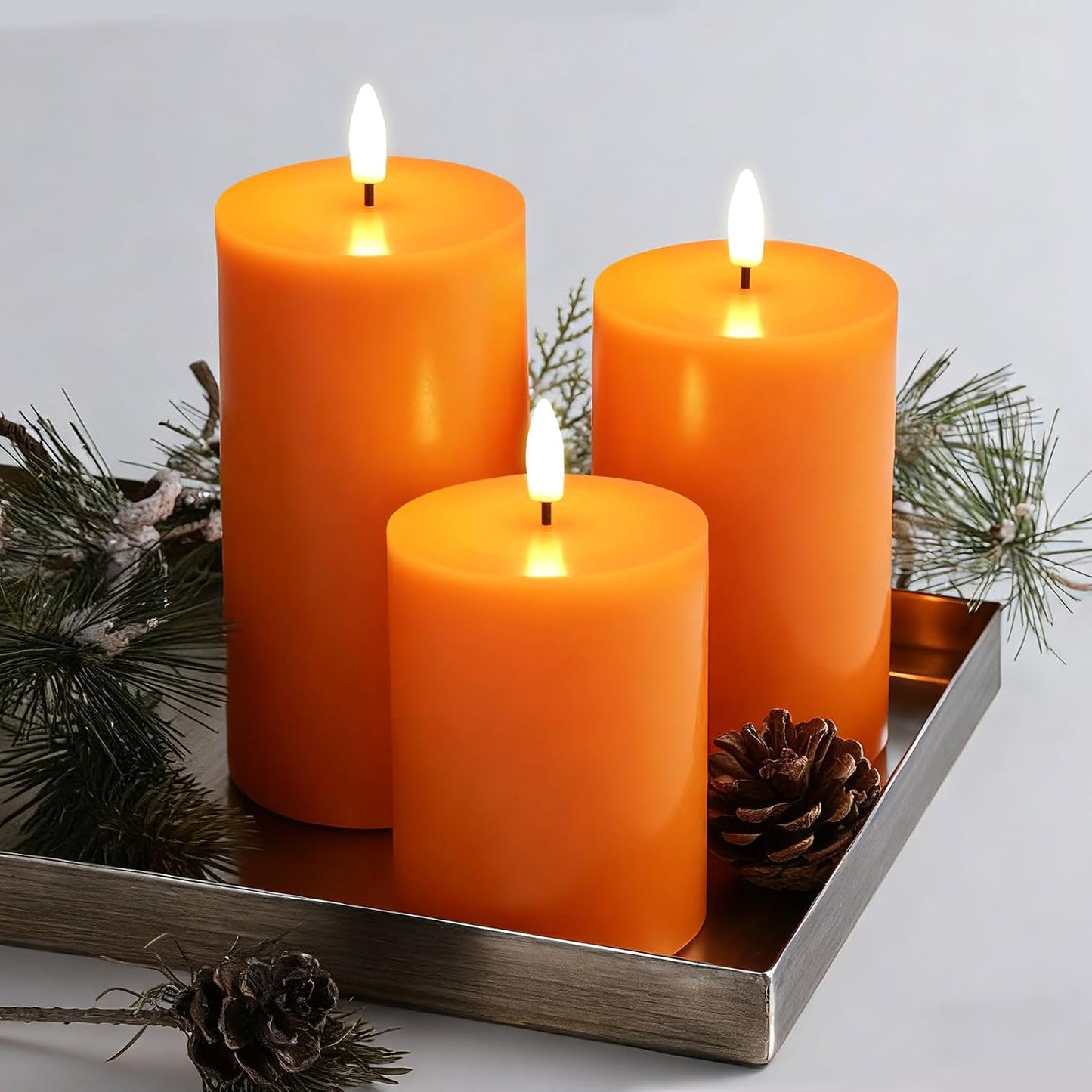 Orange Halloween Fall Flameless Pillar Candles with Remote Set of 3 | Flickering LED Wax Candles, Flat Top, 2 AA