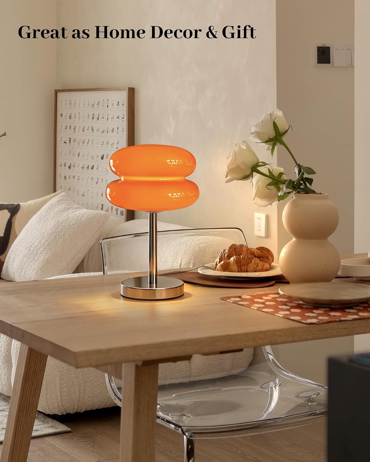 Cordless Orange Mushroom Lamp, Mid Century Modern Glass Lamp 6000mAh Rechargeable Small Table Lamps, Cute Cool Desk