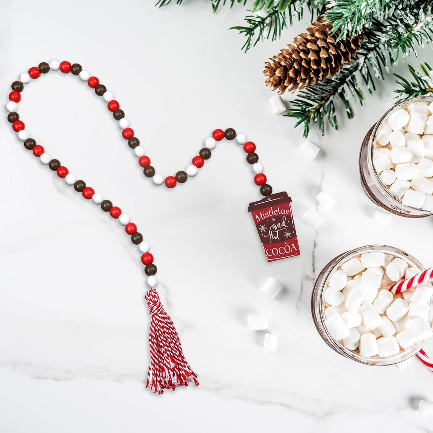 Christmas Wood Bead Garland Christmas Hot Cocoa Tiered Tray Decor Farmhouse Wall Hanging / Set of 2