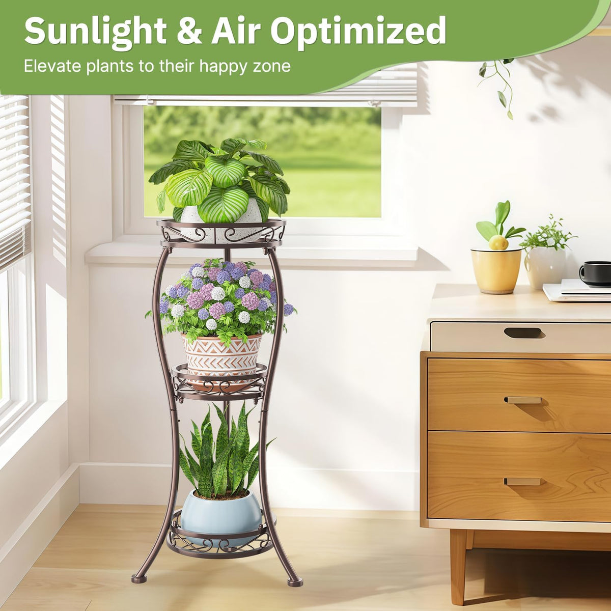 KMOTASUO Metal Plant Stand Tall for Indoor Outdoor Corner, 3 Tier Bronze | Heavy Duty Flower Holder Rack, Modern