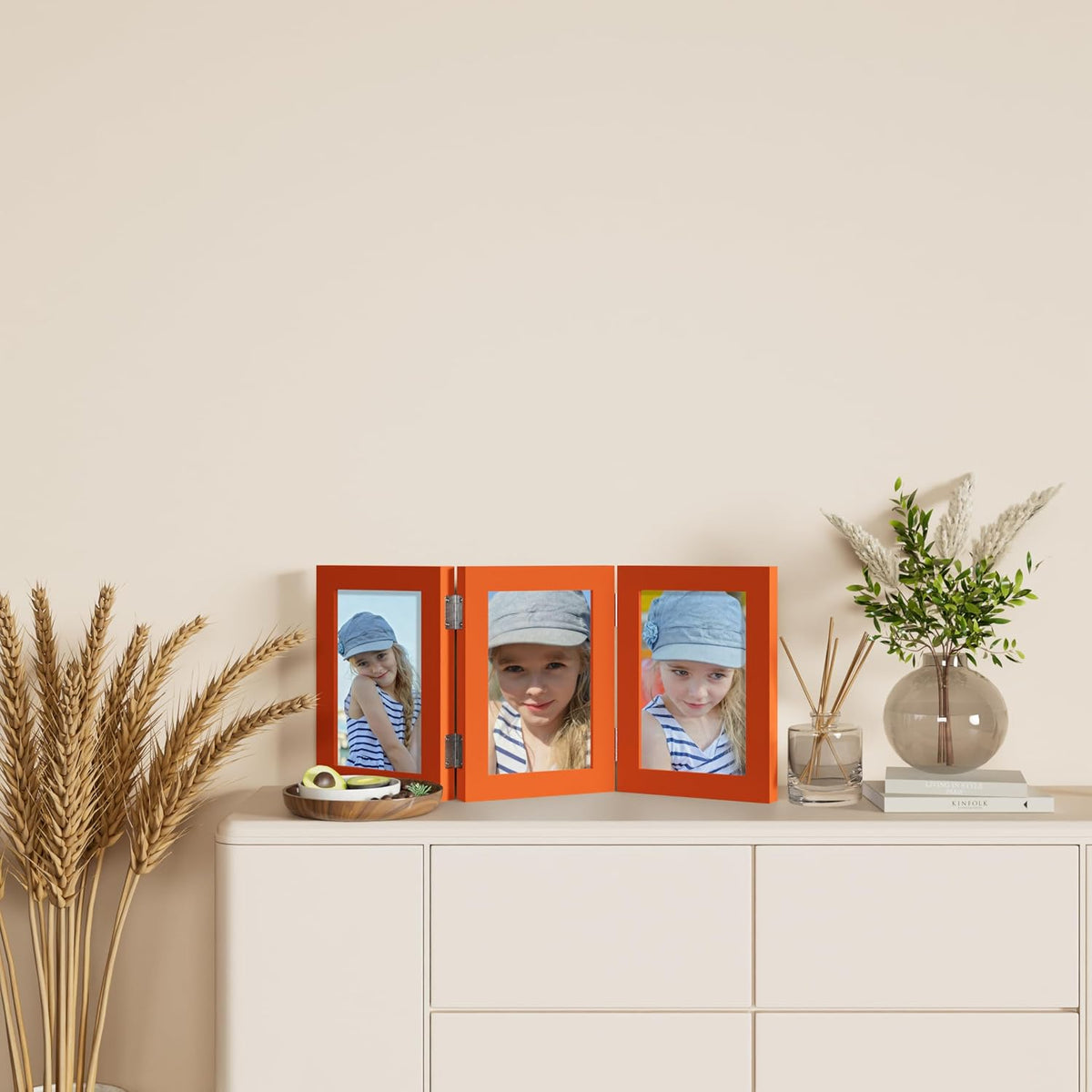 decorUhome Orange Triple 5x7 Picture Frame Vertical, MDOR08 | "Z" Shape Folding Design Engineered Wood Trifold Photo