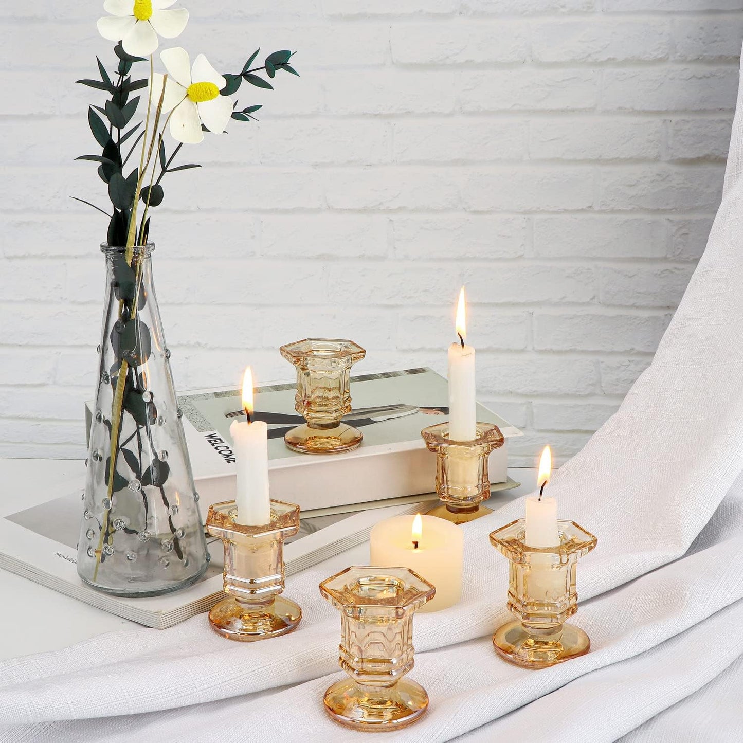 Lanttu 12 Pcs Gold Glass Candle Holders Set Candlestick Holders Bulk | Taper Candle Holders for Wedding, Festival Table