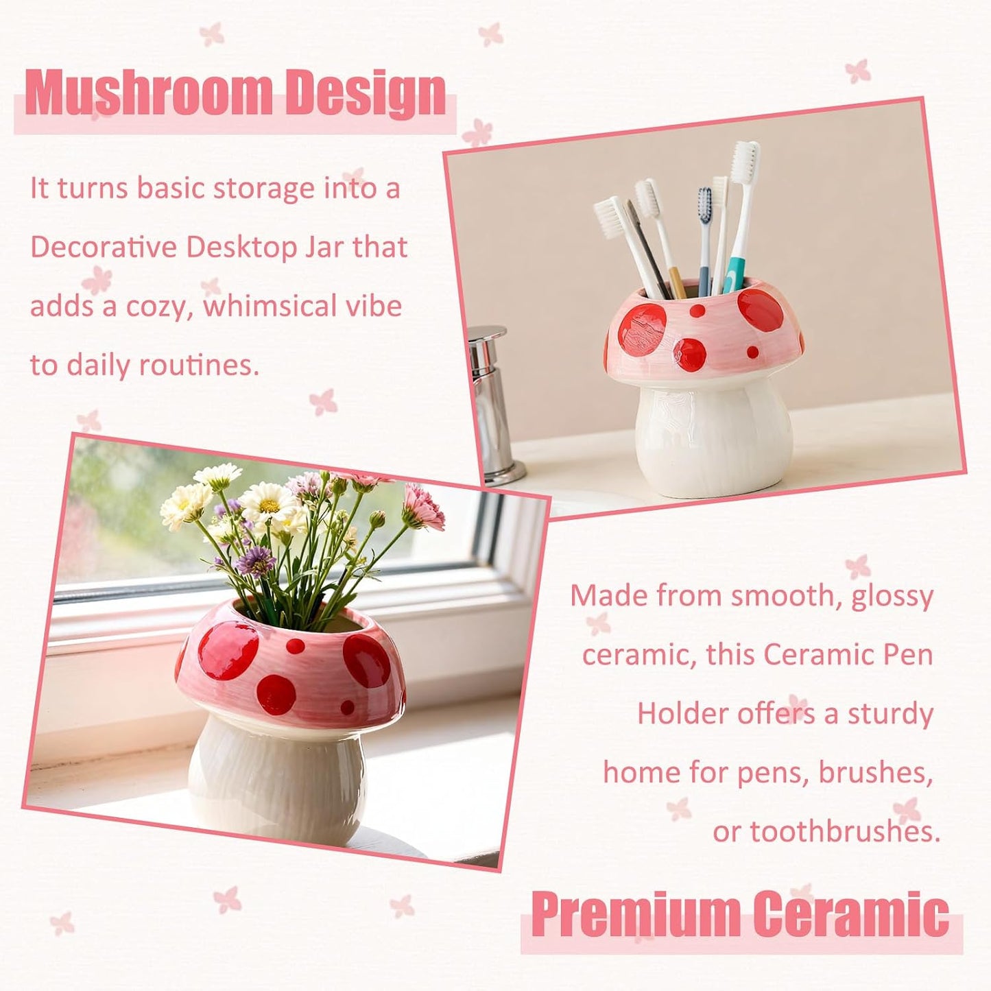 Mushroom Shaped Ceramic Pen Holder / PINK