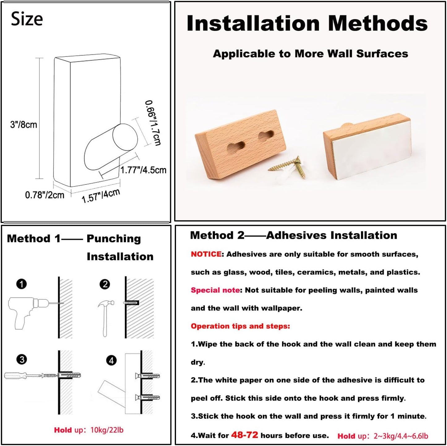 Adhesive Wall Hooks Hat Rack / Rectangle-beech / Set of 4