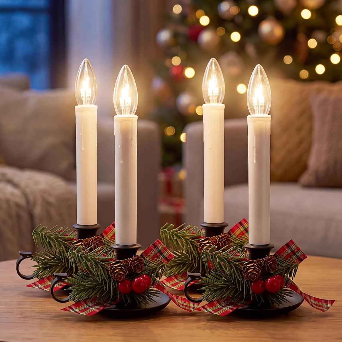 4PK Christmtas Window Candle Light, 10" LED Antique Black Candlestick