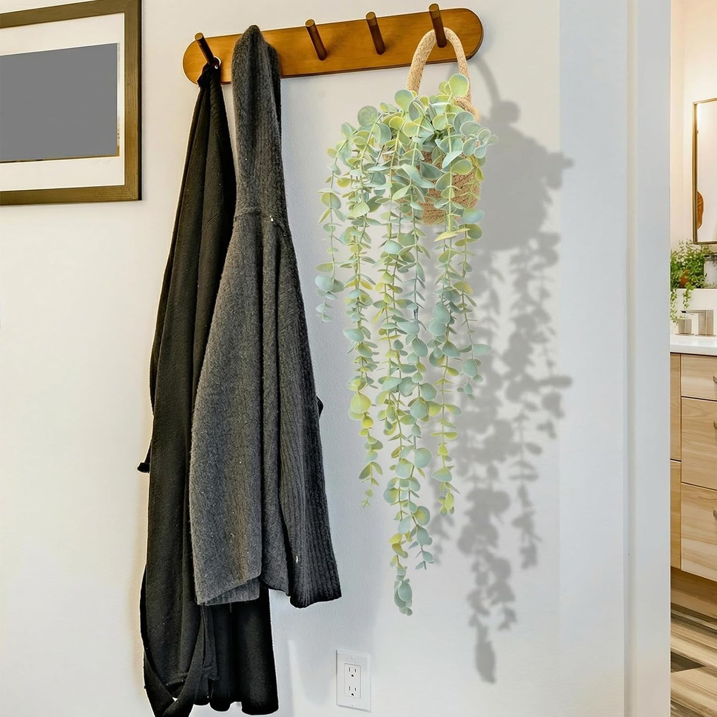 Eucalyptus Artificial Faux Plants in Wall Woven Planters / Jute Hanger / Black