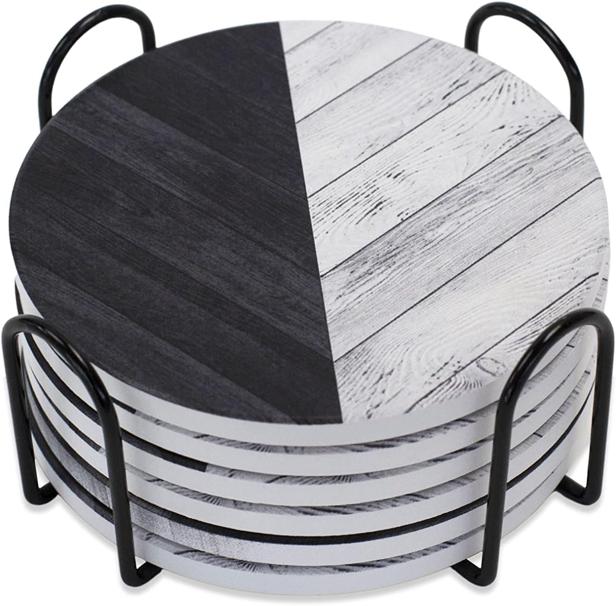 Ceramic Coasters for Drinks / Black & White Parquet Wood / Set of 6
