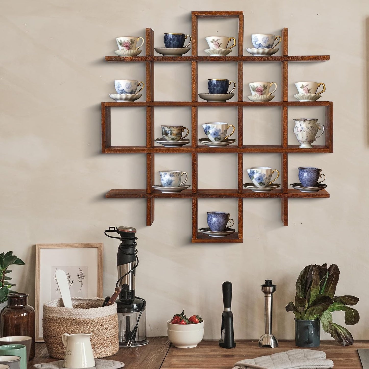 Suzile 5x5 Wall Shelf for Tea Cups Saucers, Rustic Wood Rack,Brown | Floating Curio Display with Coffee Mugs, Wall