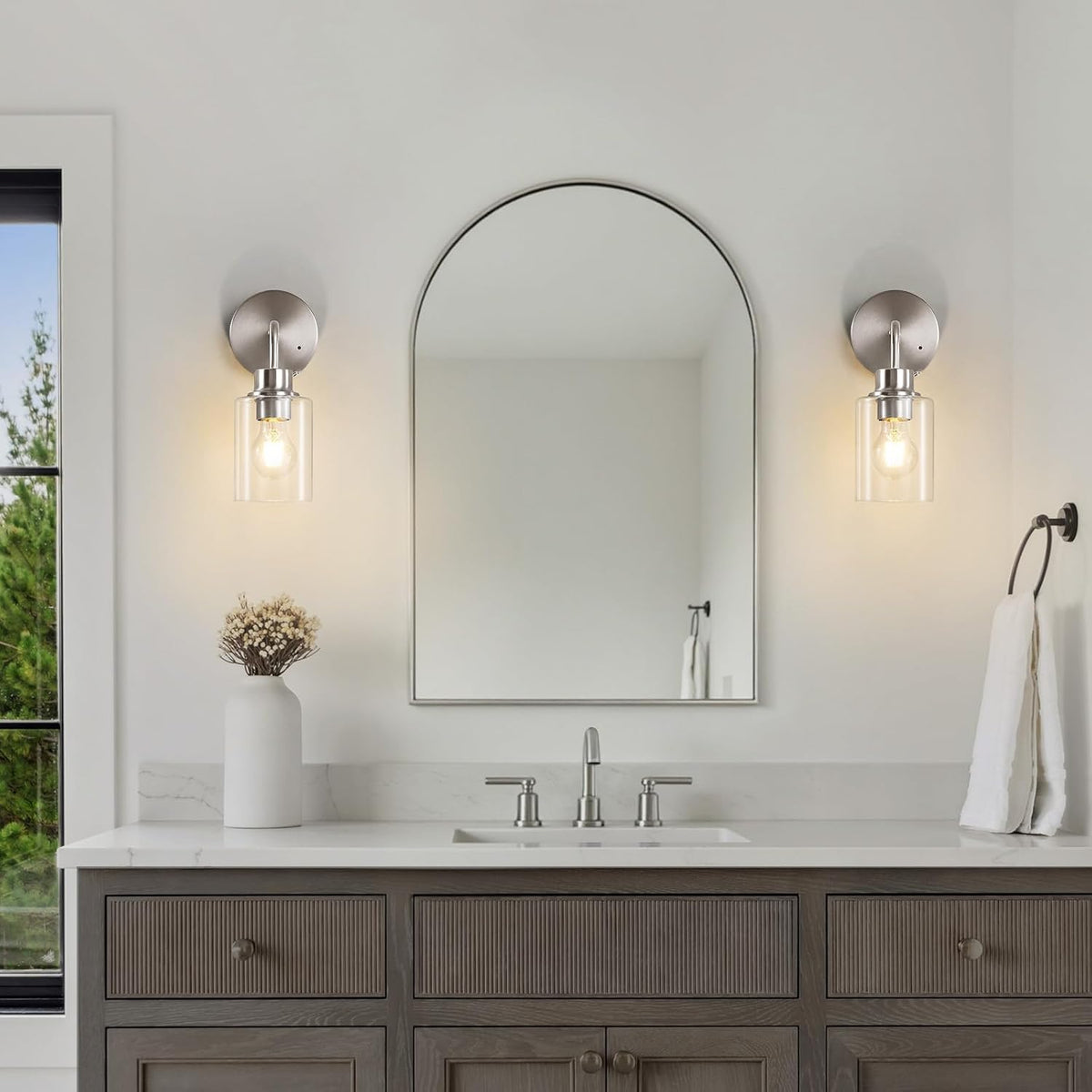 Epinl Battery Operated Wall Sconce Set of Two - Brushed Nickel Rechargeable Wireless Wall Sconces with Remote Control