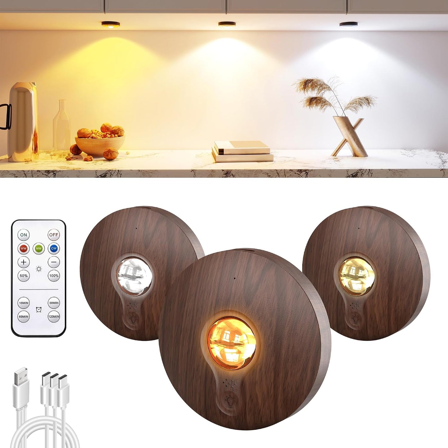 UNUSROOM Rechargeable Puck Lights with Remote Control,2000mAh High Capacity Battery Operated LED Under Cabinet