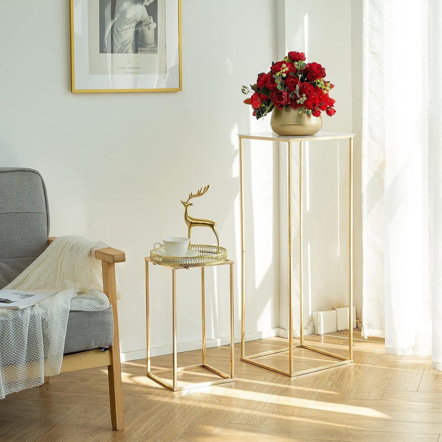 NUPTIO Gold Stands for Centerpieces, Geometric Column, 15.75" Tall, 10 Pcs | Metal Flower Holder, Rectangular Display