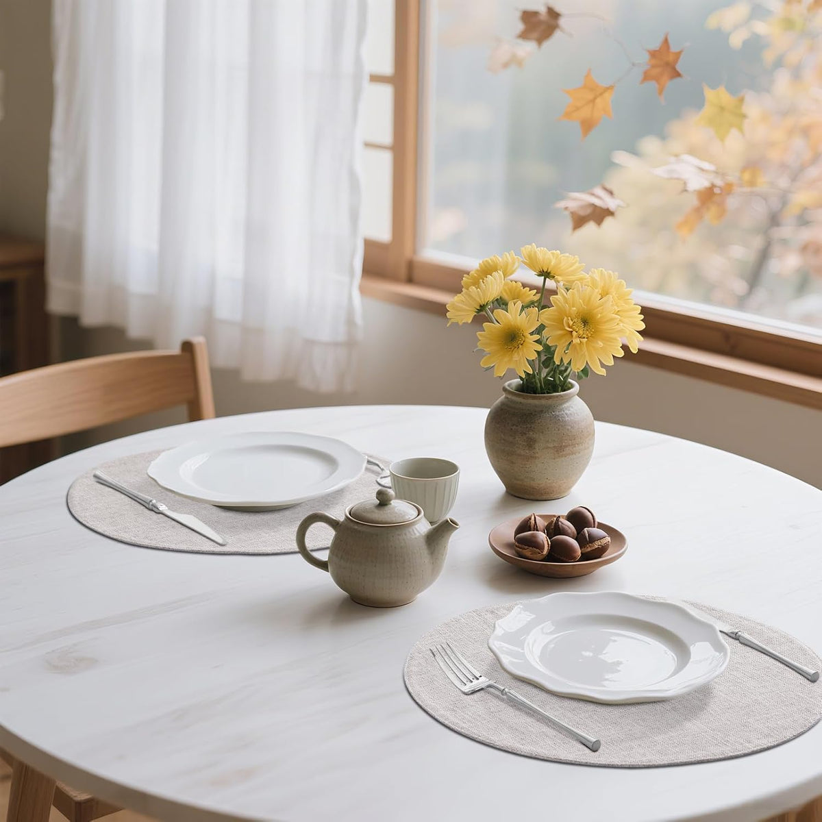 Cotton Linen 15 Inch Round Cloth Place mats, Set of 8, Beige | Washable Table Mats, Heat Resistant, Reversible