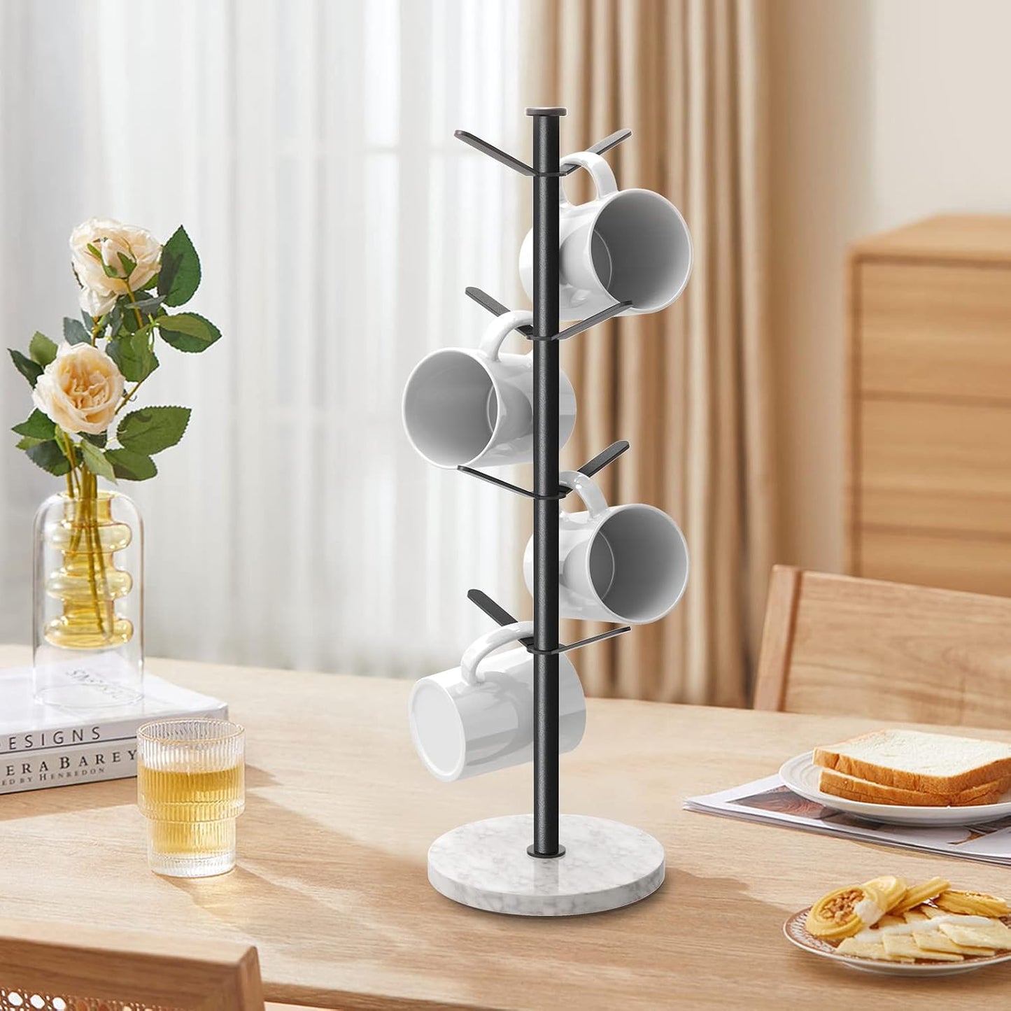 Gypie Marble Mug Holder Tree, 8 Hooks Small Coffee Cups Stand, Black | Mug Holder Stand, Small Mug Rack for Kitchen