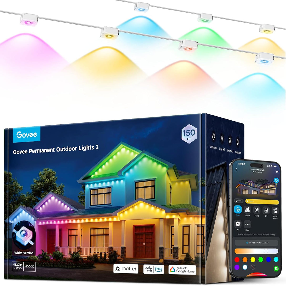 Govee Permanent Outdoor Lights 2, 150ft RGBIC Outdoor Lights with 100 Modes