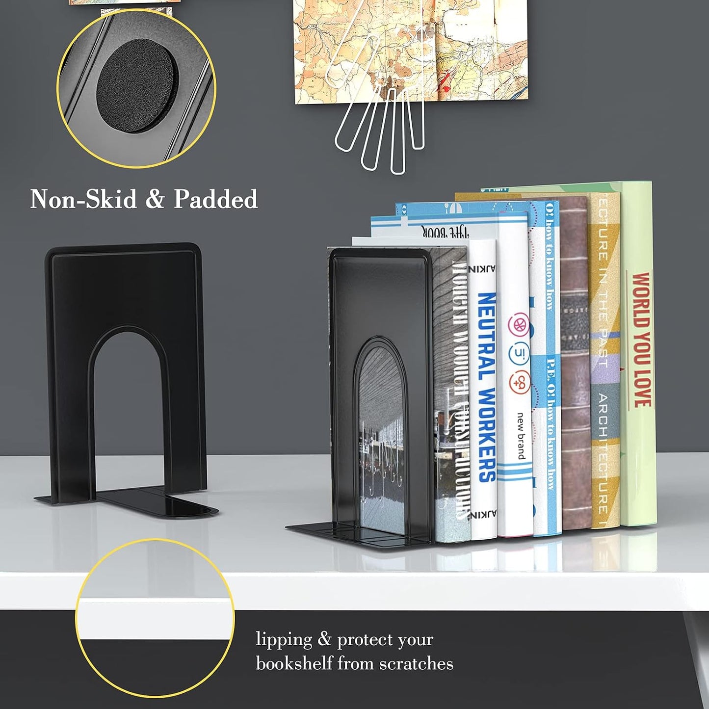 Book End Supports Heavy Duty Metal Bookend Support / Black / 2 Pairs/ / Set of 4