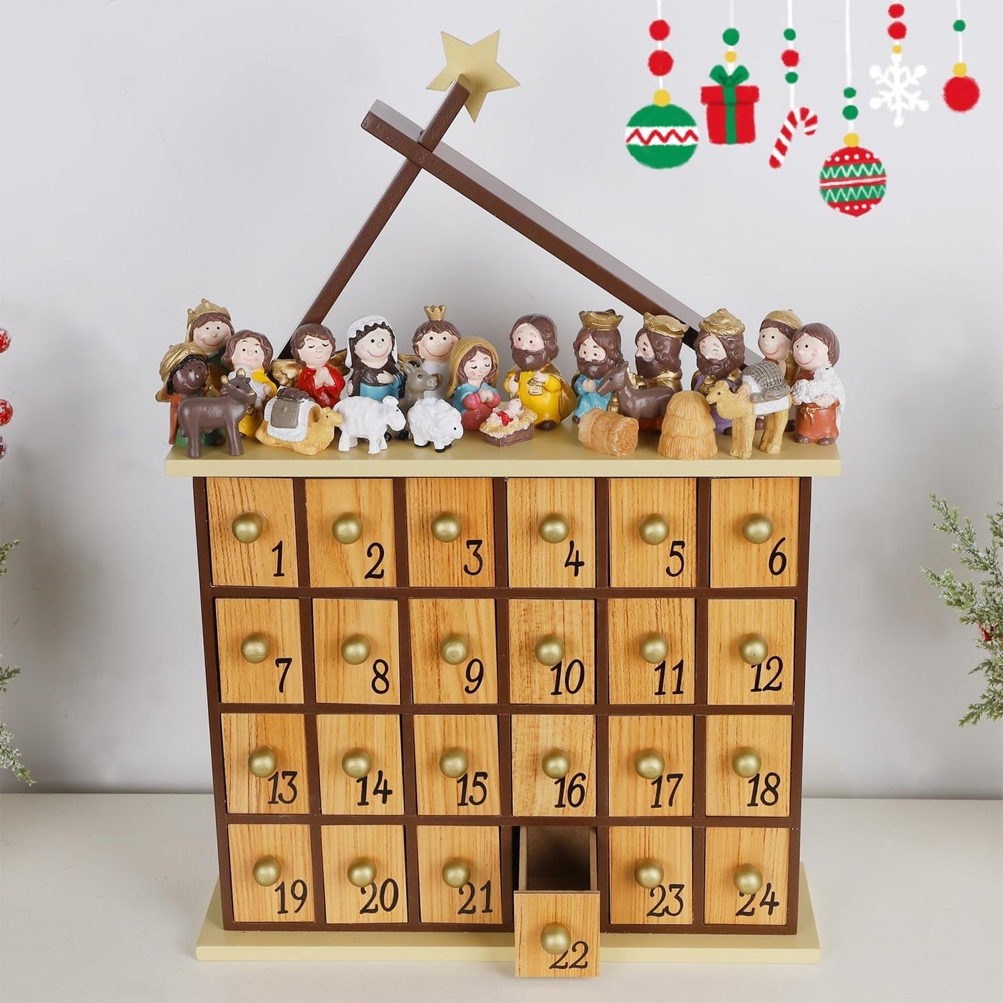 Juegoal Nativity Advent Calendar, Countdown to Christmas Advent Calendar with 24 Pieces Figures & 24 Drawers, Christian