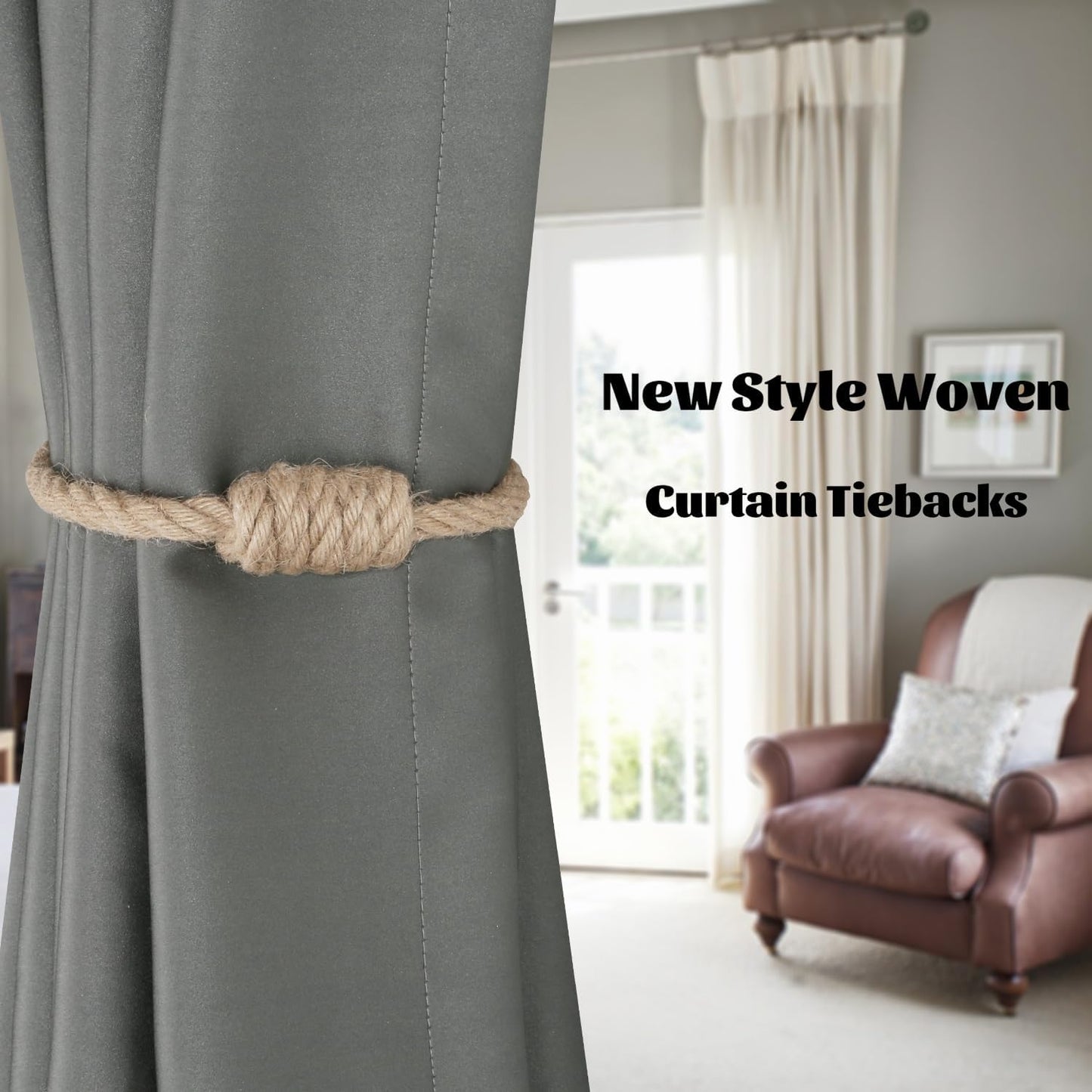 BEL AVENIR Magnetic Jute Curtain Tiebacks 6 Pack Hand-Woven Curtain Ties | Decorative Curtain Holdbacks Bohemian Style