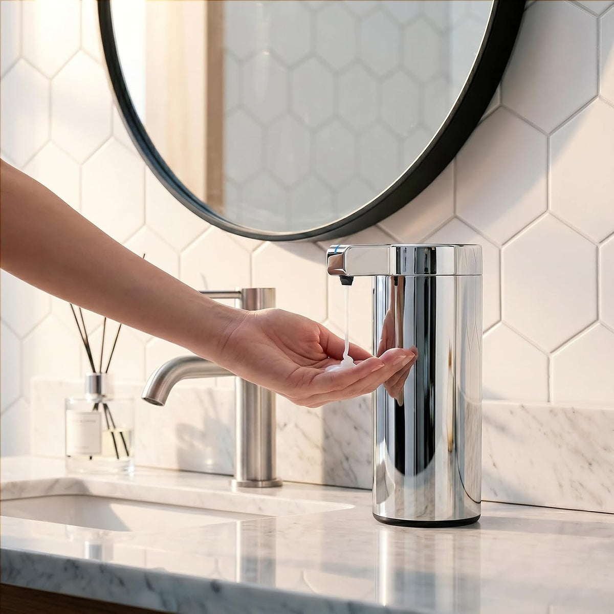 Newise Automatic Soap Dispenser with 3 Adjustable Dispensing Modes, 9 oz Touchless Sensor Stainless Steel, Rechargeable