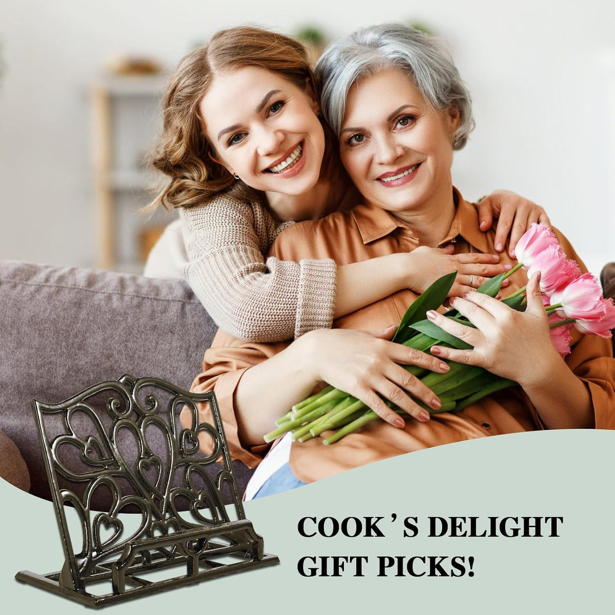 JOGREFUL Cast Iron Cookbook Stand, Kitchen Recipe Holder Heart Latte Gold | Heavy-Duty Book Vintage Holder, Reading