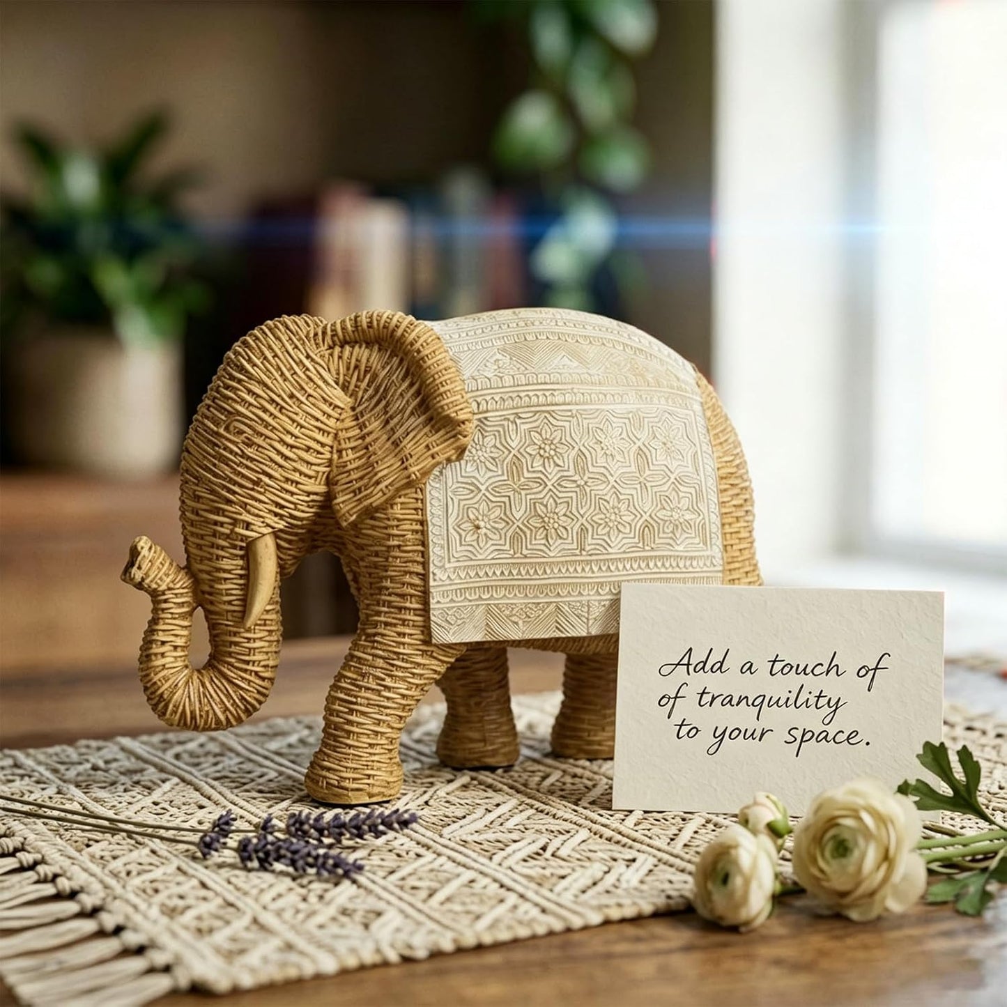 Elephant Statue Boho Home Decor Woven Detail Accent / Woven Gold