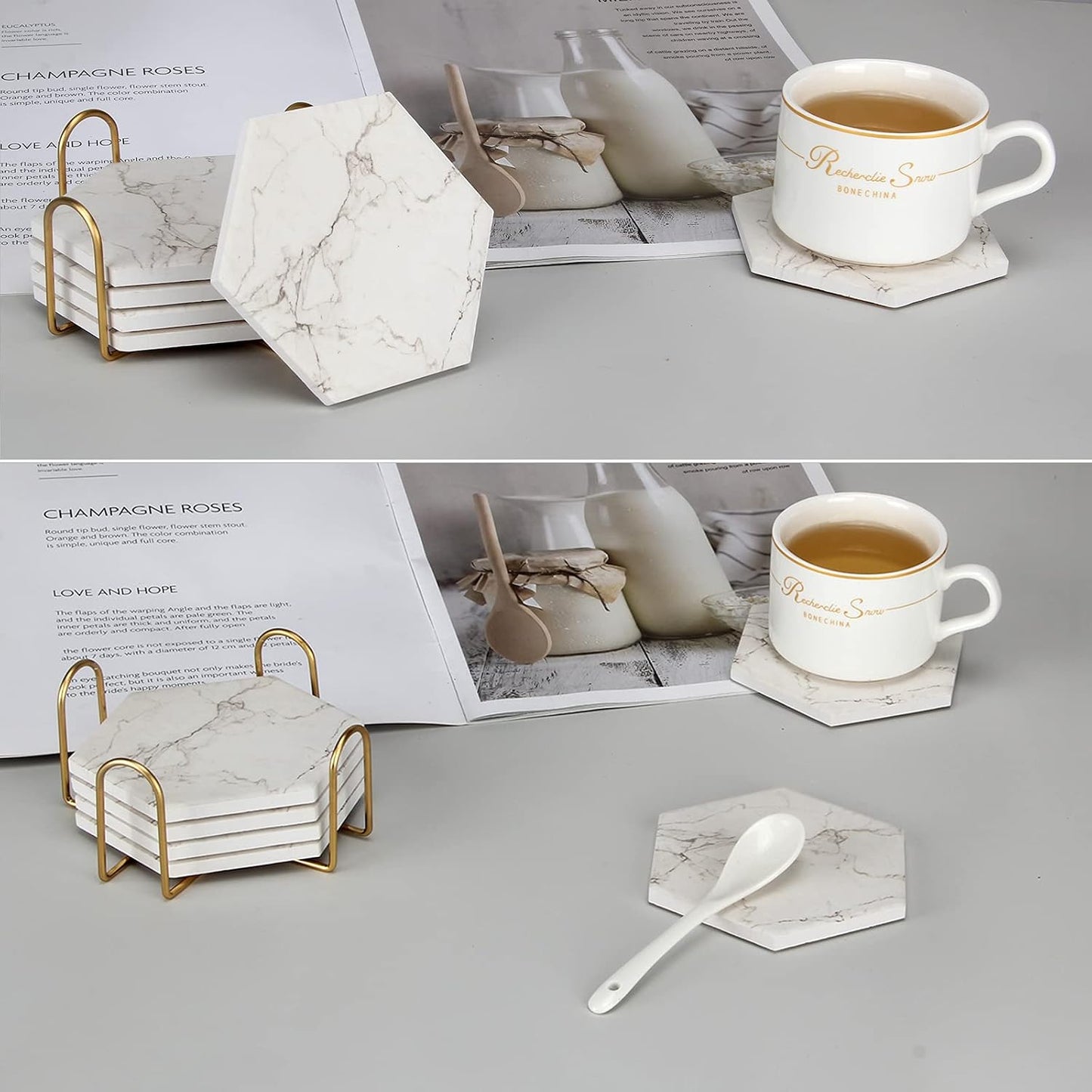 Holder Cool Cork Coster Modern White Ceramic Coasters Bar Desk Cup / Gray / Set of 6