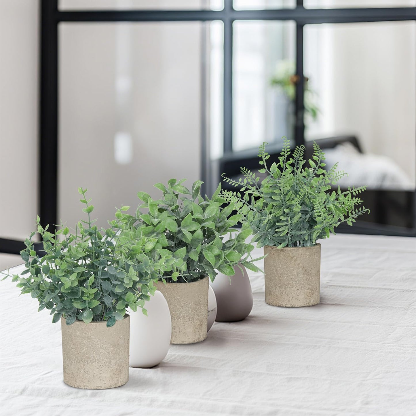 Small Fake Plants / Paper Pulp Pot - Gray / Green Eucalyptus & Boston Fern&boxwood / Set of 3