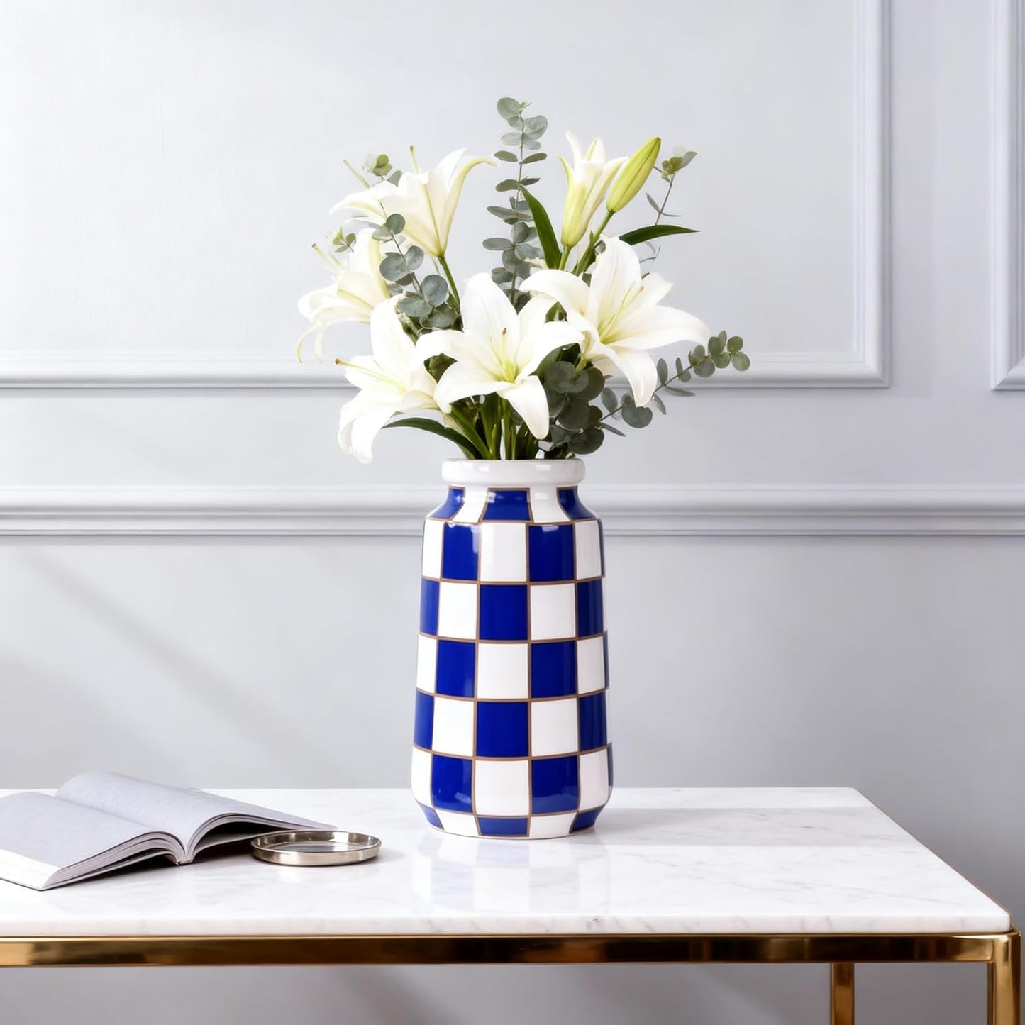 White Ceramic Vase / Blue