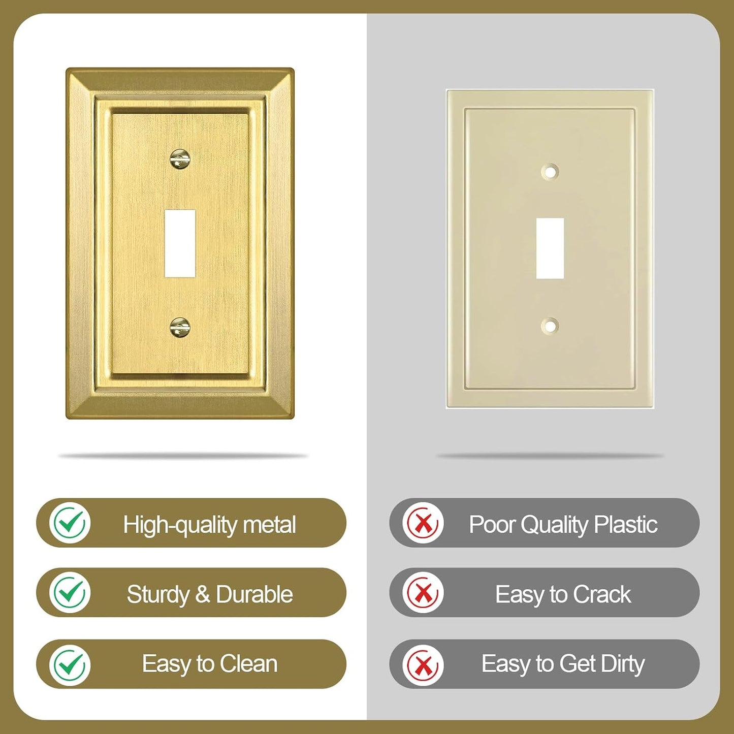 Metal Wall Plate for Light Switch, Applicable to Single Toggle, 6 Pack | Decorative Brass Gold Light Switch Cover