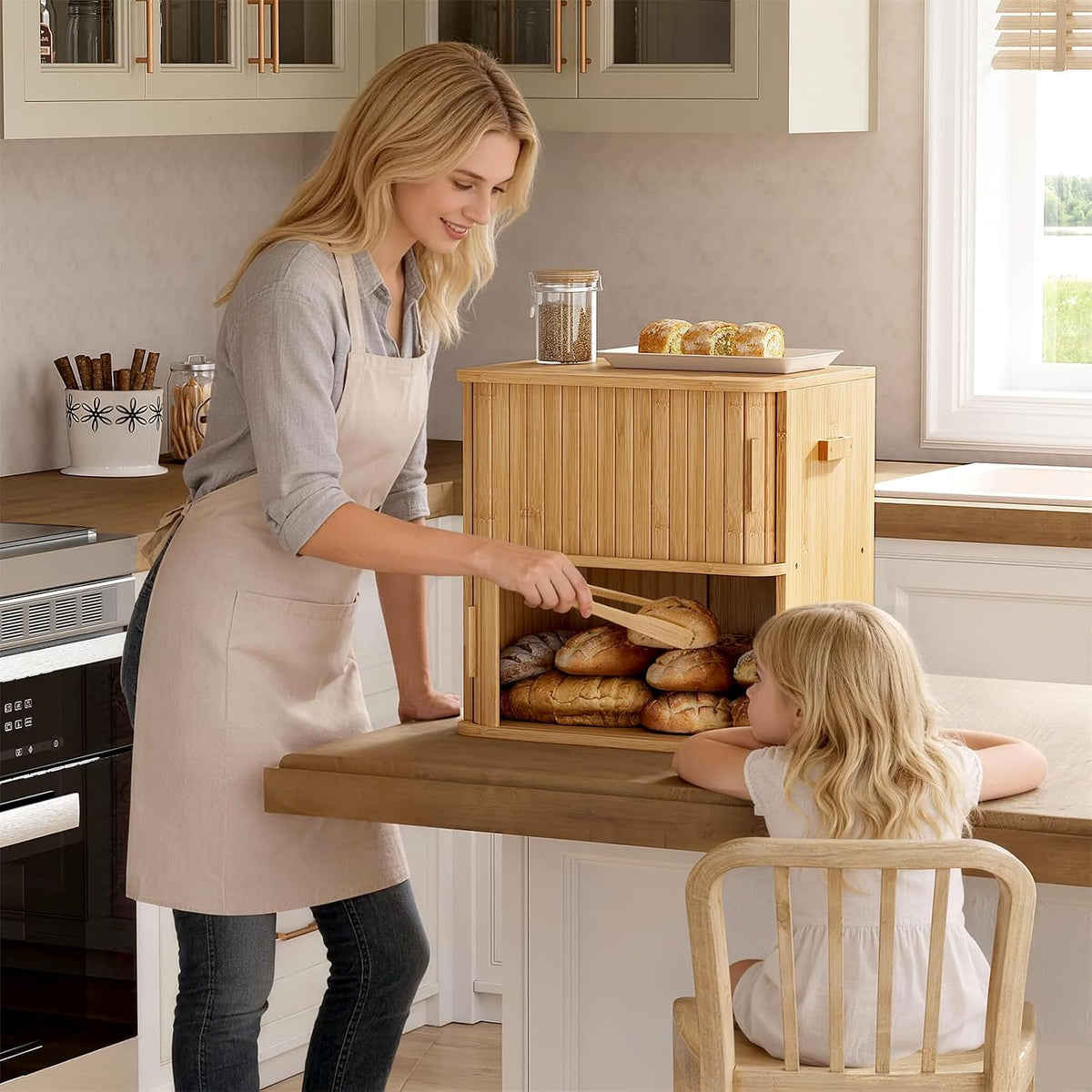WOWLIVE 2-Tier Roll Top Bread Box for Kitchen Countertop Storage Cabinet | Double Layer Bamboo Bread Boxes with Sliding