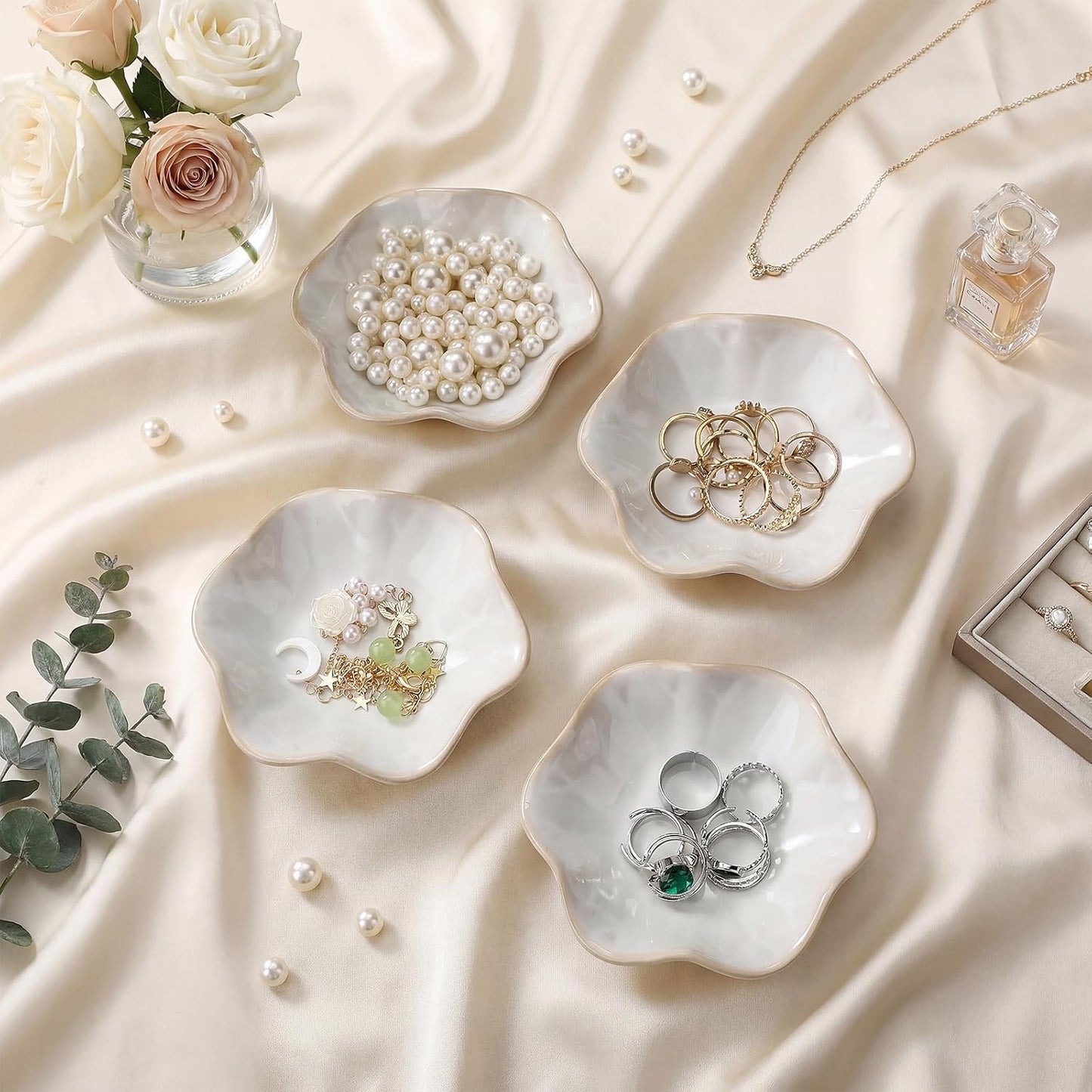 Small Jewelry Dish Trinket Holder Tray for Rings Earrings Key Bowl / White / Ceramic / Set of 4