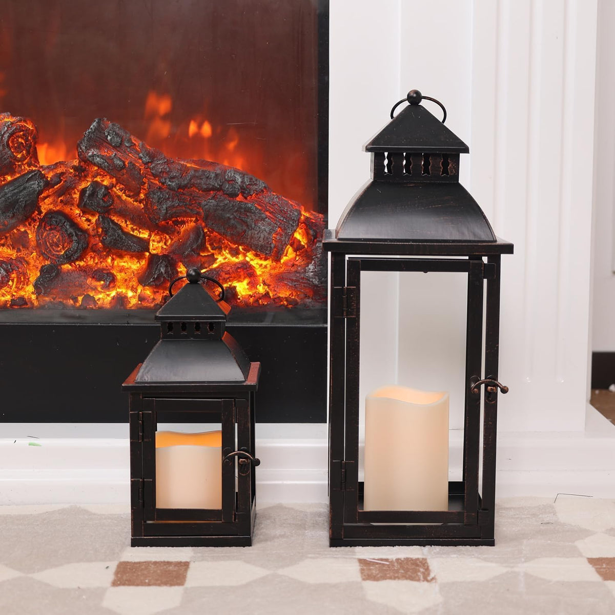 LED Lanterns Decorative Outdoor&Indoor, Set of 2 (17āā&11āā) Large Black Metal Lantern Decor with bronze brush, Candle
