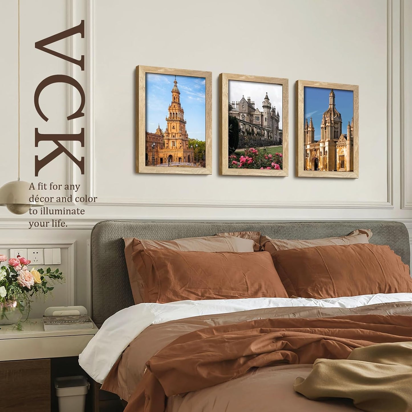 VCK 11x14 Picture Frame Set of 3, Natural Solid Wood, Wall Hanging | Wide Border, Light Woodgrain, Shatterproof
