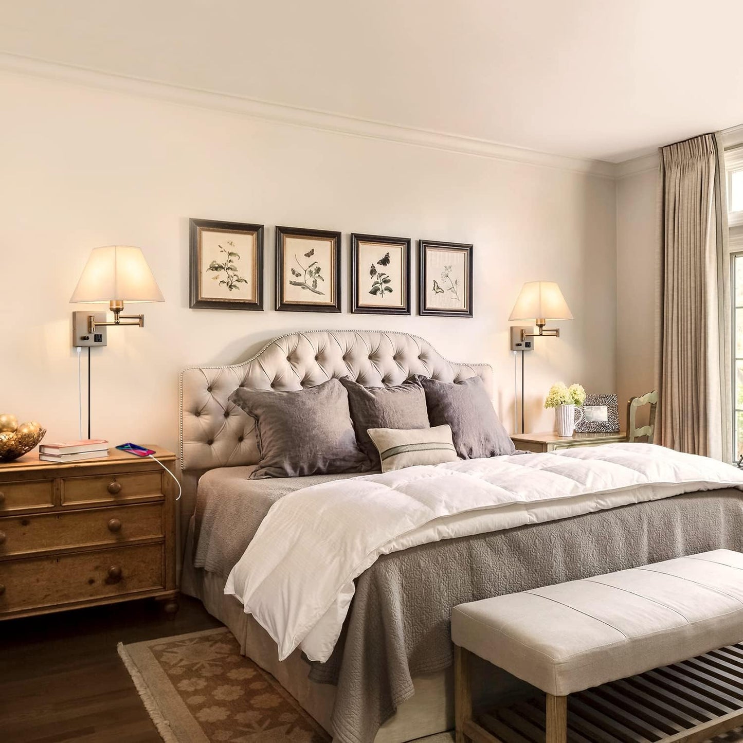 Plug in Wall Light,Swing Arm Wall Sconces with USB Port and Outlet,Wall Lamp with White Fabric Shade Dimmable Switch