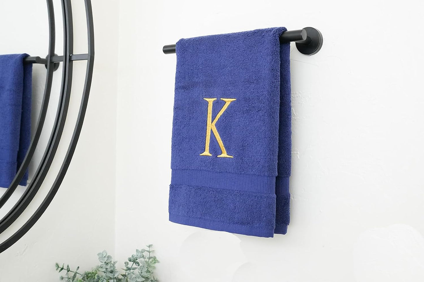 Navy with Gold Monogrammed Hand Towels for Bathroom - Set of 2 Letter K | Luxury Hotel Quality Initial Towels For