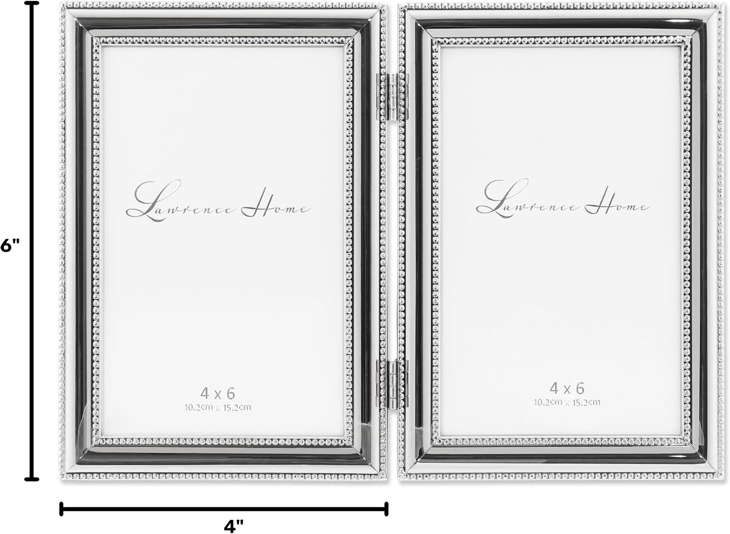 Lawrence Frames Hinged Double (Vertical) Metal Picture Frame Silver-Plate with Delicate Beading, 4 by 6-Inch