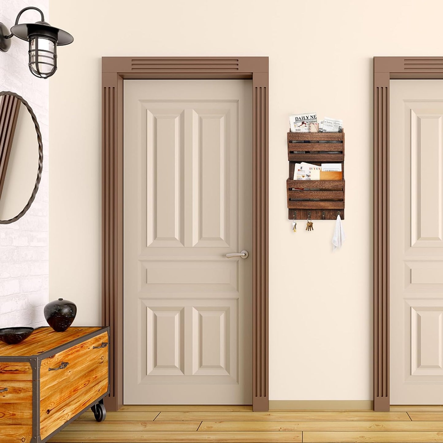 Rustic Wooden Hanging Mail Sorter Farmhouse Key Holder / Brown
