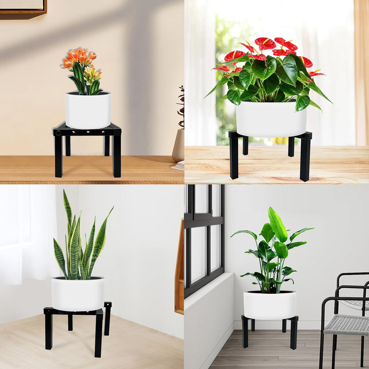 4 Pcs Four Legs Adjustable Metal Plant Stand for 5"-10" Plant Pot – Indoor & Outdoor (Black, 4 Pack)