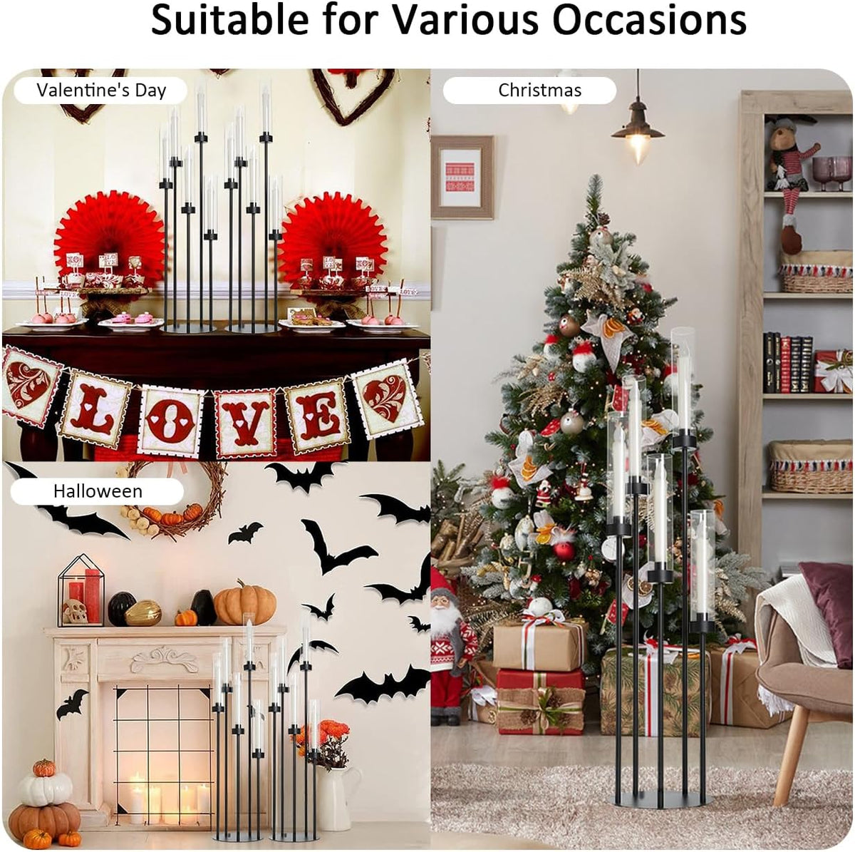 39.8''Matte Black Candle Holder with Acrylic Shades Tall 5 Arm Candelabra Black Table Centerpiece for Wedding Living