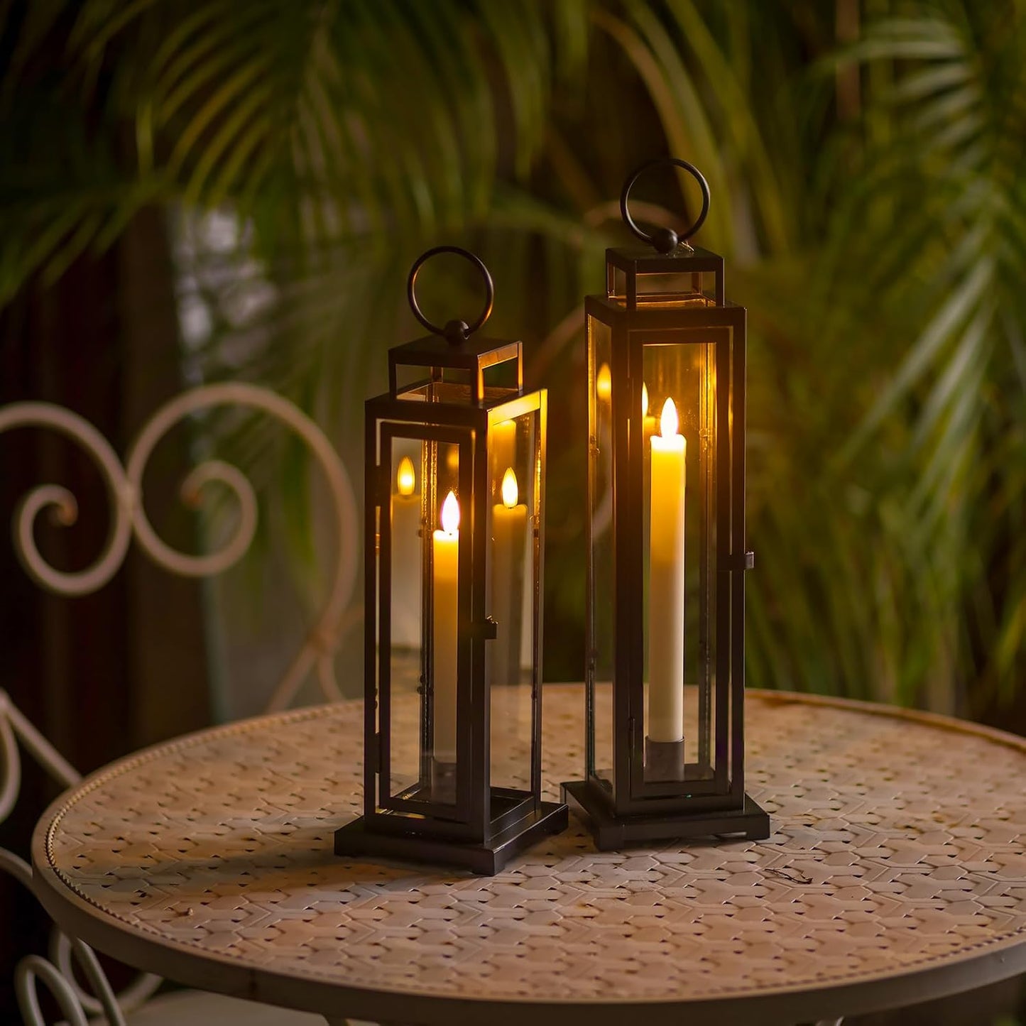 Black Lantern Decorative Indoor, with LED Taper Candles | 15" & 13", with Glass, Waterproof Outdoor Metal Lanterns, Set