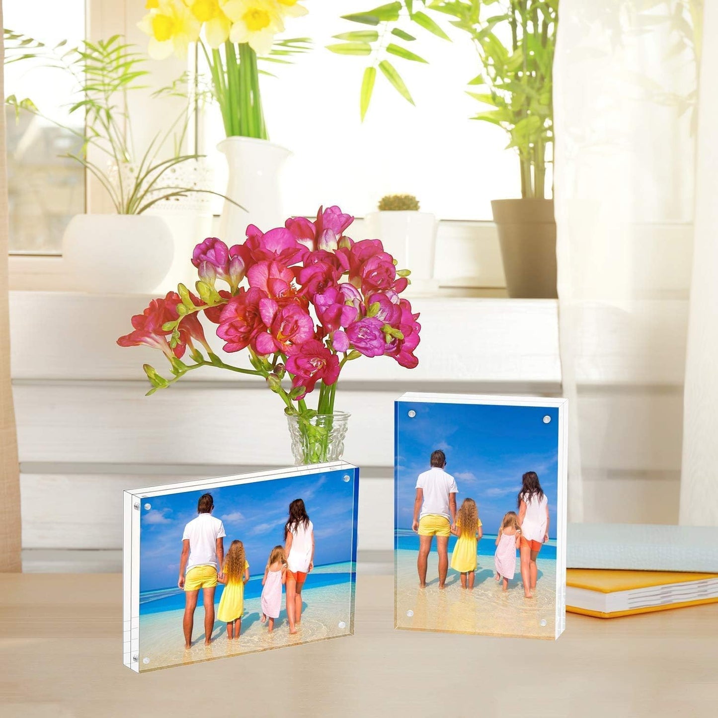 Meetu Acrylic Picture Frame 4x6,Clear Freestanding Double Sided 20mm Thickness Frameless Magnetic Photo Frames Desktop